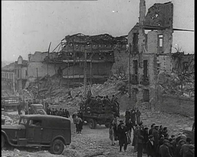 Lorries Carrying Spanish Nationalist Soldiers Loyal To Franco Through Madrid Past the..., 1939. Creator: British Pathe Ltd.