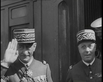Maurice Gamelin and Two Other Male French Military Officers Alighting from a Train, 1939. Creator: British Pathe Ltd.