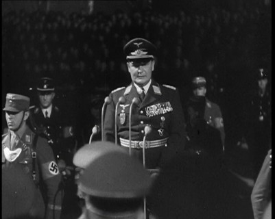 Hermann Goering Giving a Speech from a Decorated Dais at Lehrter Train Station..., 1937 Creator: British Pathe Ltd.