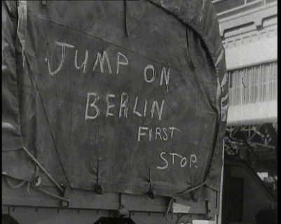 Chalk Graffiti on the Tarpaulin Covering a Lorry Reading 'JUMP on BERLIN FIRST STOP', 1939. Creator: British Pathe Ltd.