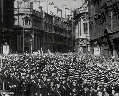 A Crowd Listening to Lord Beaverbrook Giving a Speech in Support of the USSR, Birmingham, 1942.  Creator: British Pathe Ltd.