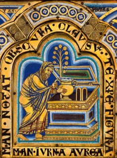 The Verdun Altar: Aaron puts a golden jar with manna into the Ark of the Covenant, 1181. Creator: Nicholas of Verdun (ca 1130/40-after 1205).