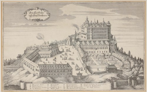 View of the Ambras Castle near Innsbruck in Tyrol, from: Topographia Provinciarum Austria..., 1649. Creator: Merian; Matthäus; the Elder (1593-1650).