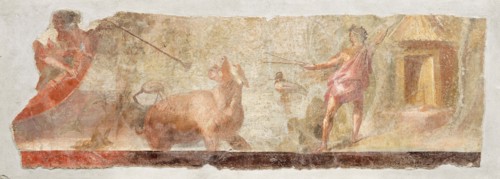 Hunting Hippos in a river landscape with two hunters, two water birds and a dwelling on..., 1st cent Creator: Roman-Pompeian wall painting ().
