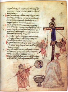 The Chludov Psalter. John VII, iconoclast Patriarch of Constantinople, erasing an image of..., c850. Creator: Byzantine Master ().