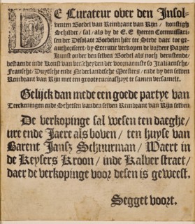 Curateur over the insolvent estate of Rembrandt van Rijn. Announcement of the auction..., 1658. Creator: Historic Object ().