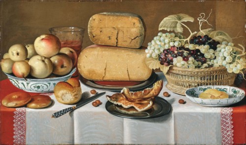 Cheeses on a pewter plate, grapes in a basket, apples in a porcelain Chinese bowl, bread rolls.... Creator: Koets; Roelof; the Elder (1592-1654).