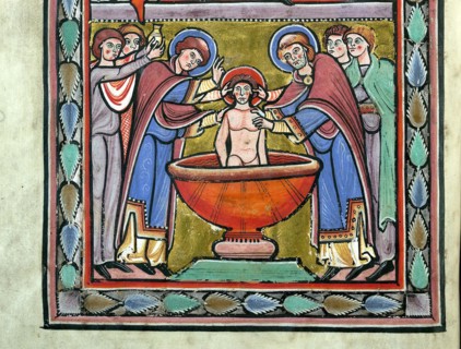 Saint Amand baptizing Sigebert III. From Vita sancti Amandi, c1165. Creator: Anonymous ().