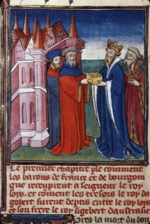 Sigebert III receiving his share of the treasure of Dagobert I ..., 1400-1410. Creator: Anonymous ().