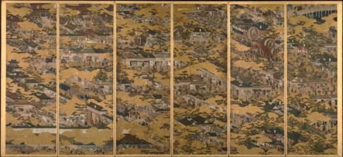 Scenes in and around Kyoto, One of a pair of six-section folding screens, c1615. Creator: Matabe (Matabei); Iwasa (1578-1650).