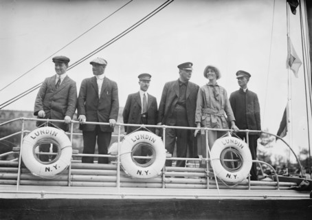 Crew of Lundin Boat, A.J. Meldrum, Chas. Kliktherg, Walter Patterson, E. Sivard & wife..., 1914. Creator: Bain News Service.