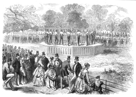Band of the Life Guards playing on the new platform in Hyde Park, 1869. Creator: Unknown.