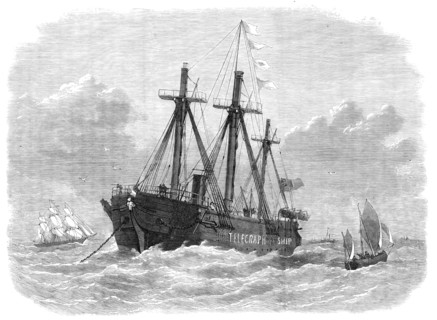 The Brisk telegraph-ship at her moorings in the Channel, 1870. Creator: Unknown.