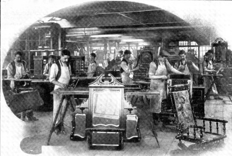 Making aids to beauty: mirror and furniture fitters and polishers, 1909. Creator: Unknown.