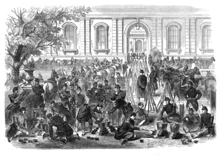 The Disturbances in Paris: bivouac of troops in the gardens and courtyard of the Luxembourg, 1870. Creator: Unknown.