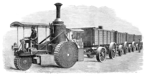 Thomson's road-steamer and coal-waggons, 1870. Creator: Unknown.