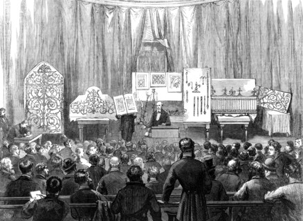 Lecture to working men on ornamental ironwork at the South Kensington Museum, 1870. Creator: D H F.