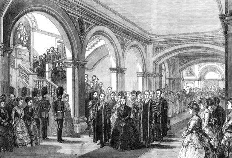 The Queen passing through the lobby of the new building of London University, 1870. Creator: Unknown.