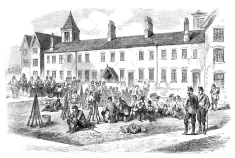 Sketches from Ireland: troops in the yard of the Poorhouse at Kells, 1870. Creator: Unknown.