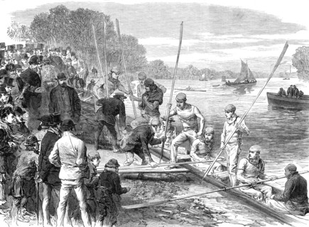 The Cambridge University boat crew returning from practice, 1870. Creator: Unknown.