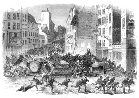 The Disturbances in Paris: barricade in the Faubourg du Temple, 1870. Creator: Unknown.