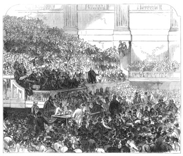 Mr. Bright speaking at the Townhall, Birmingham, 1870. Creator: C J R.