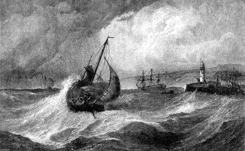 Freshening Gale, Scarborough: Fishing-Boats returning to Harbour, by E. Hayes..., 1871. Creator: J Greenaway.