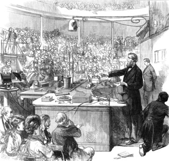 Professor Tyndall lecturing at the Royal Institution, 1870. Creator: Unknown.