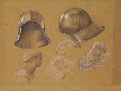 Studies of Helmet, Female Profile and Ostrich Feathers, 1865-1867 (possibly related to.... Creator: Sir Edward Coley Burne-Jones.