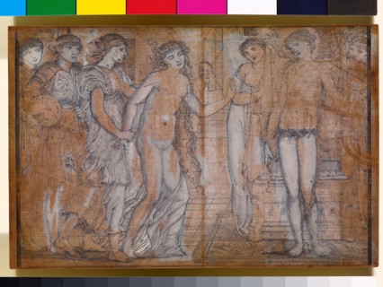 Cupid and Psyche - Psyche in the presence of Venus - Uncut woodblock, 1865. Creator: Sir Edward Coley Burne-Jones.