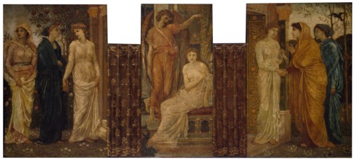 Cupid and Psyche - Palace Green Murals - Psyche's Sisters visit her at Cupid's House, 1881. Creator: Walter Crane.