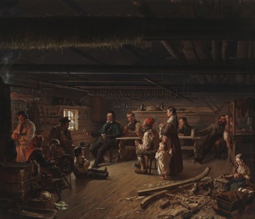 Pentti Lyytinen Recites Poems in a Cottage in Savo, 1848. Creator: Robert Wilhelm Ekman.