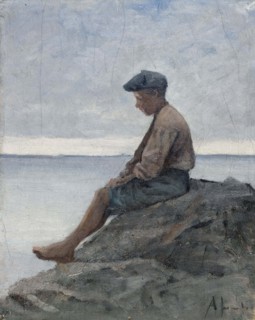 Boy sitting on rocks at the beach, 1880-1889. Creator: Amelie Lundahl.
