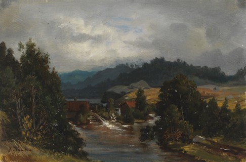 A mill pond in a river landscape, 1870-1879. Creator: Johan Knutson.