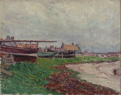 Beach village and boats. Creator: Alfred William Finch.