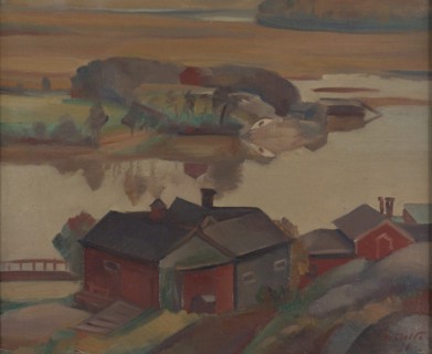 River Landscape With Buildings, 1930. Creator: Ilmari Aalto.