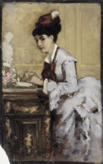 The writing woman, composition exercise I for the painting Rococo, 1874. Creator: Albert Edelfelt.