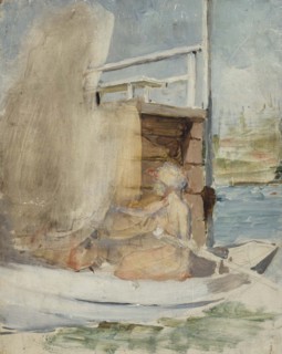 A woman in a boat by the pier, c1890s. Creator: Albert Edelfelt.