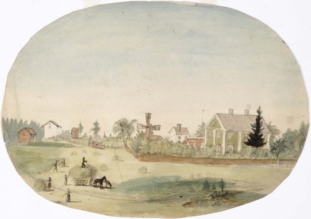 Making hay in front of the farmhouse, 1850-1855. Creator: Karl Anders Ekman.