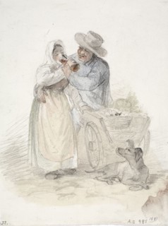 A peasant girl tries to finish a glass of beer..., 1850-1855. Creator: Karl Anders Ekman.