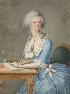 Lady sitting at the table writing, c1790. Creator: Unknown.