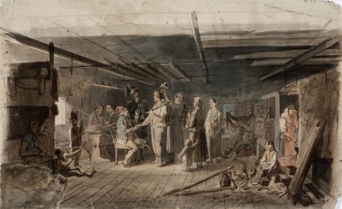 Painting in a gloomy peasant's seat, sketch for an oil painting painted for the Russian..., 1851. Creator: Robert Wilhelm Ekman.