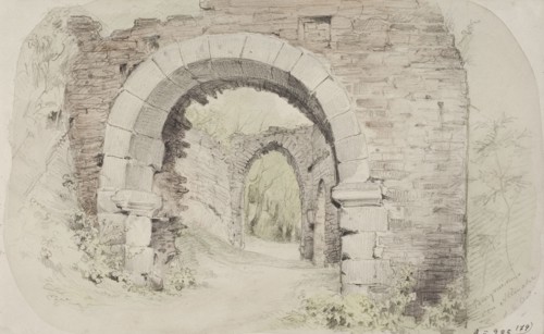 Alternahr castle ruins, view through two archways, 1850-1855. Creator: Karl Anders Ekman.