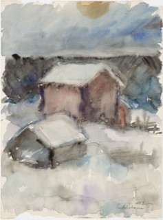 Winter scene, buildings in the snow, 1916. Creator: Henry Ericsson.