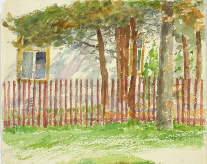 A fence and trees, behind which the wall of a white building breaks up. Creator: Maria Wiik.
