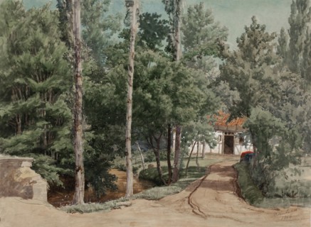 Timber framed building surrounded by deciduous forest, 1856. Creator: Werner Holmberg.