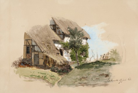 A peasant house in the Rhineland, a larch tree in the middle of the front of the house, 1860. Creator: Werner Holmberg.