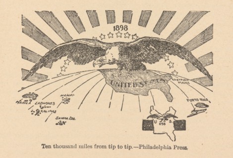 Ten thousand miles from tip to tip, the American Eagle spreads his wings from the..., 1898. Creator: Anonymous.