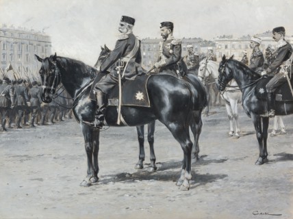 Emperor Franz Joseph I of Austria with Tsar Nicholas II of Russia and entourage at... 1897, c 1908. Creator: Gause, Wilhelm (1853-1916).