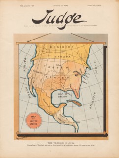 The Trouble In Cuba. Uncle Sam: "I've had my eye on that morsel for a long time guess..., 1895. Creator: Gillam, Bernhard (1856-1896).
